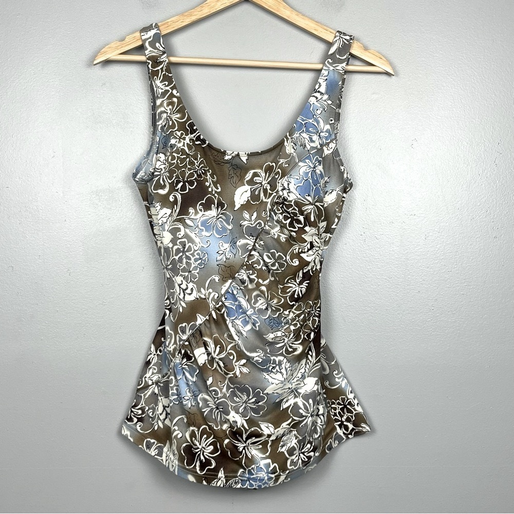 It Figures Tummy Thinner brown & blue tropical floral modest 1 pc swimsuit, 12.